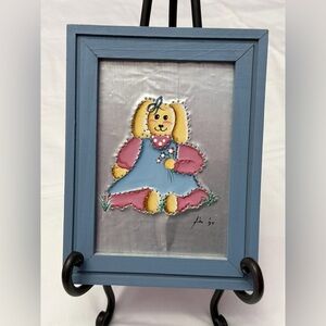 Framed Vtg Punched Tin Painted Bunny Girl Art Signed Easter Farmhouse Rustic